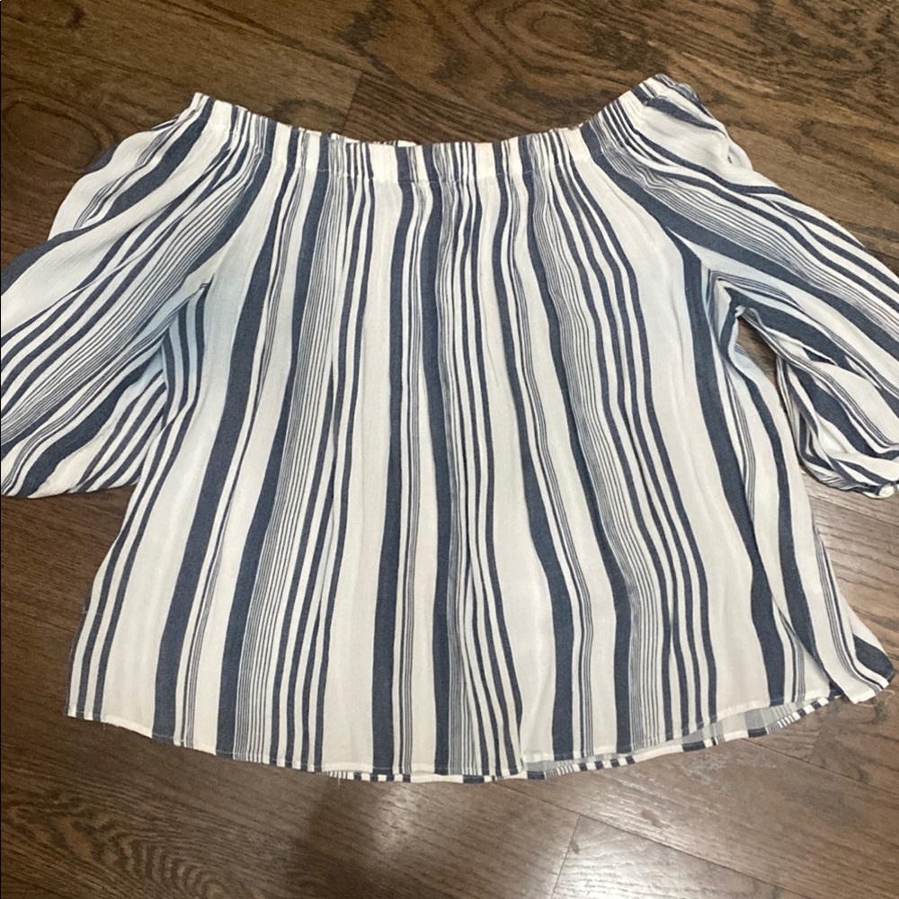 Striped Off-Shoulder Peasant Blouse in White and Navy